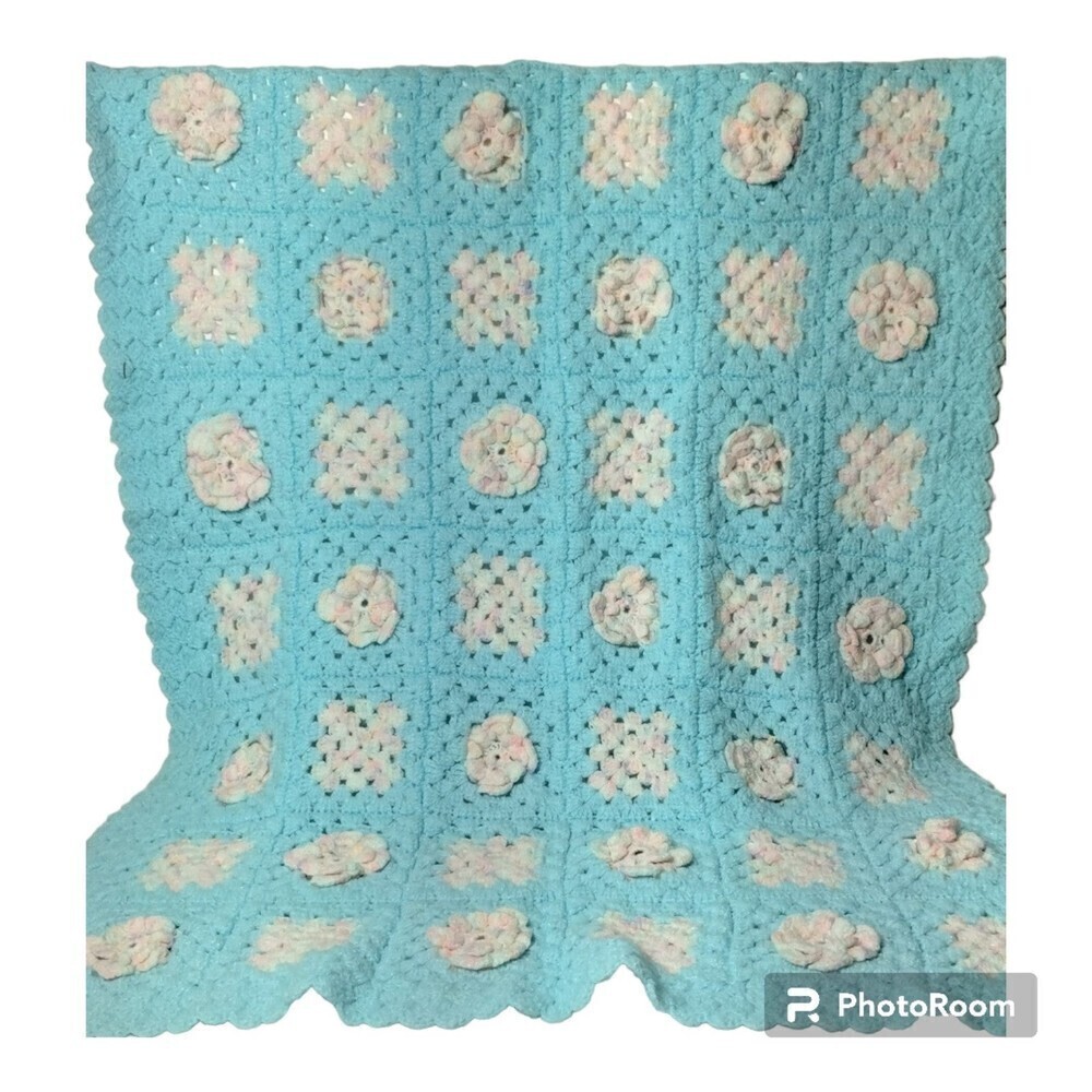 Hand Made 3D Floral Granny Square LtBlue and White With a little Sparkle Blanket